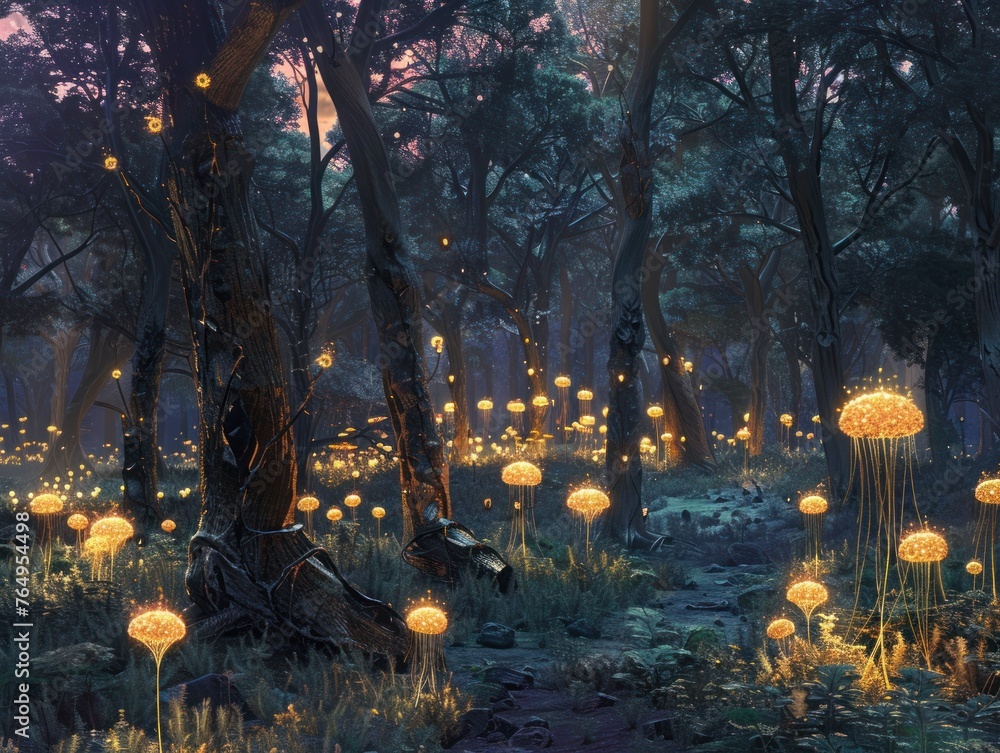 Futuristic Twilight Forest: In a forest clearing at dusk, the trees are illuminated by glowing alien plants reminiscent of distant galaxies. concept space, cosmic, blue, fabulous, books for children Futuristic Twilight Forest: In a forest clearing at dusk, the trees are illuminated by glowing alien plants reminiscent of distant galaxies. concept space, cosmic, blue, fabulous, books for children