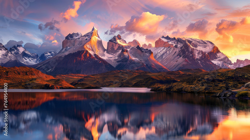 Majestic mountain range at sunset, peaks covered in snow, vibrant orange and pink sky, reflecting in a tranquil lake below, awe-inspiring and serene, realistic photography © Rassul
