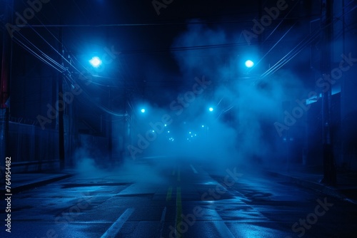 Nighttime urban scene with neon lights, spotlights, and atmospheric smoke