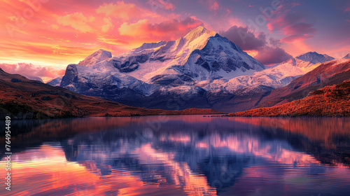 Majestic mountain range at sunset, peaks covered in snow, vibrant orange and pink sky, reflecting in a tranquil lake below, awe-inspiring and serene, realistic photography