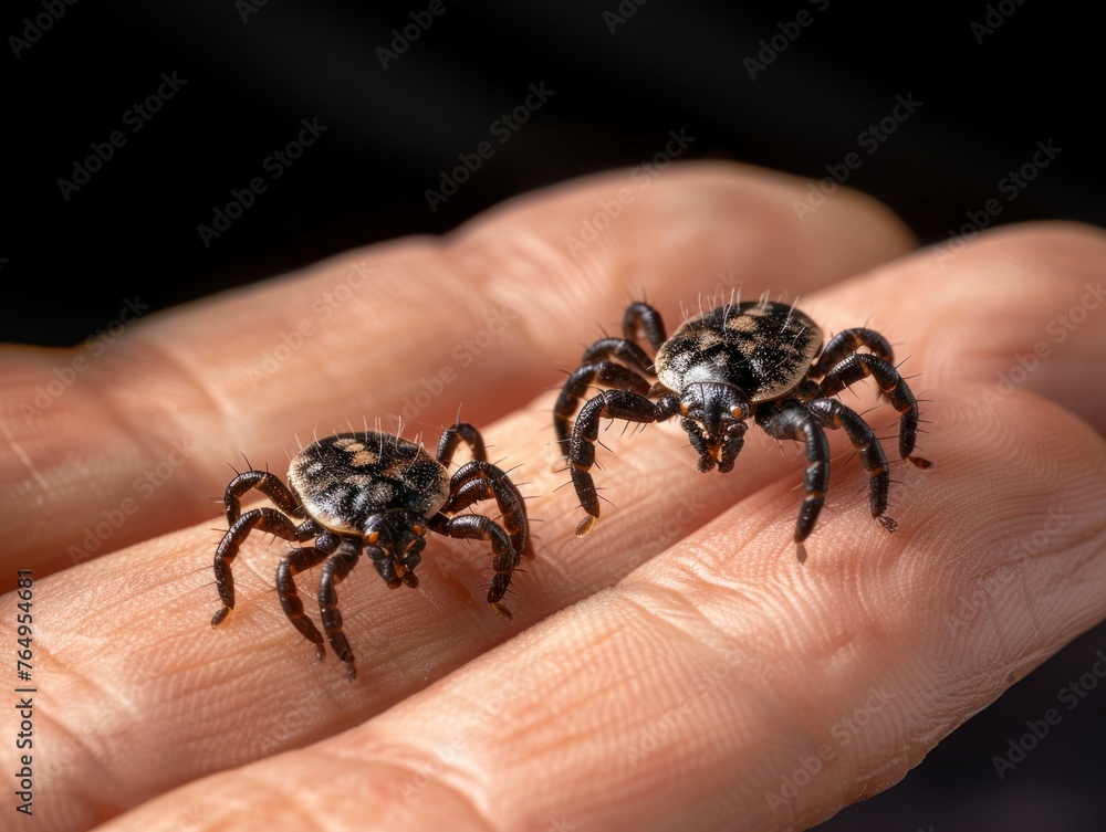 two danger ticks on a person's hand close-up. concept insects, danger, disease, spring, spiders