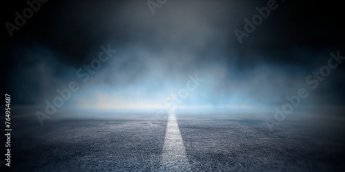 Asphalt road vanishing into foggy haze with highlighted center line. Enigmatic path concept. Generative AI © Who is Danny