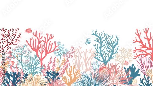 Colorful doodle coral on white background with copy space