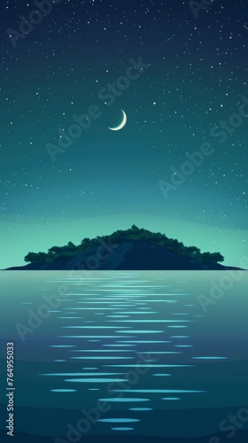 illustration of a landscape with moon above the sea. 