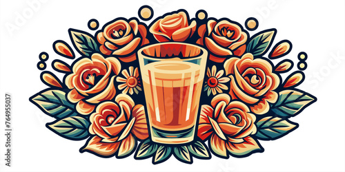 Mexican tequila shot and roses for Mexico for festival dia de los muertos or Cinco de mayo. Vivid illustration featuring an ornate lantern amidst a bouquet of stylized roses