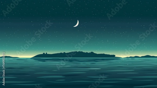 illustration of a landscape with moon above the sea. 