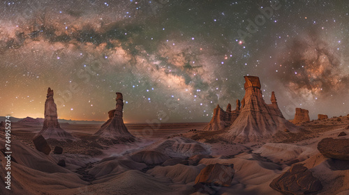Night sky full of stars over a calm desert landscape  clear visibility of the Milky Way  unique rock formations in the foreground  mysterious and infinite  astrophotography style