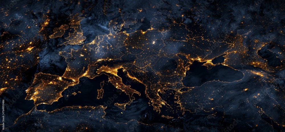 world map with lights in the metropolitan areas. 
