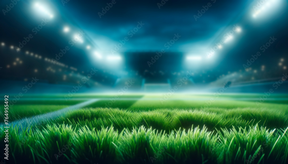 Stadium lights casting glow on the lush soccer field before the night game. Generative AI Stadium lights casting glow on the lush soccer field before the night game. Generative AI