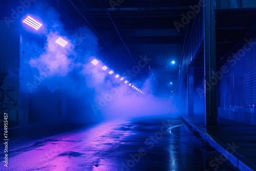 Dark urban alley illuminated by neon lights and spotlights with swirling smoke