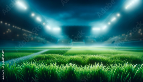 Stadium lights casting glow on the lush soccer field before the night game. Generative AI © Who is Danny
