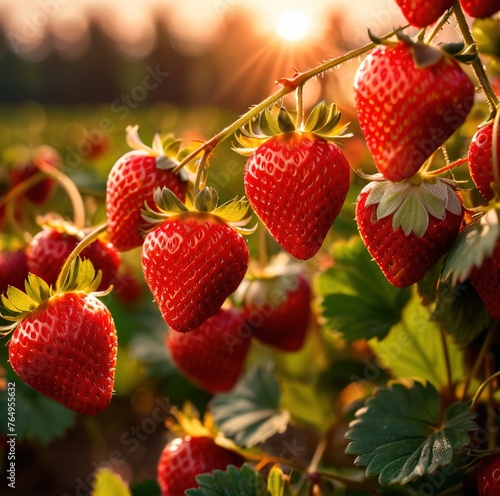 Fresh strawberries growing on plants in a farm