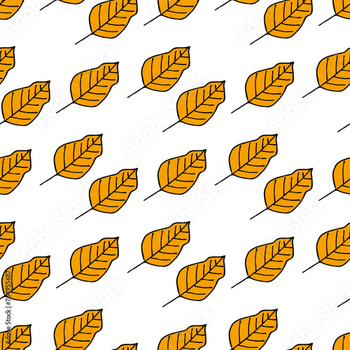 Seamless pattern in wondrous autumn orange leaves on white background. Vector image.