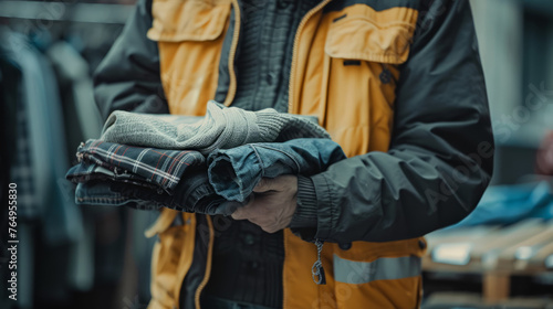Person donating clothes to a homeless shelter, focus on the exchange of items, conveying the importance of helping those in need, realistic photography, candid style