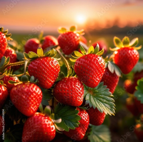 Fresh strawberries growing on plants in a farm