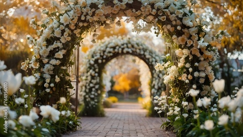 an archway filled with white flowers, in the style of bokeh panorama, light orange and light gold, wedding backdrop, wedding photography