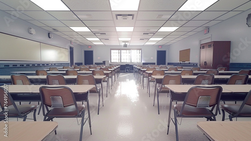 Classroom with Empty Desks and Chairs