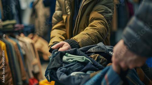 Person donating clothes to a homeless shelter, focus on the exchange of items, conveying the importance of helping those in need