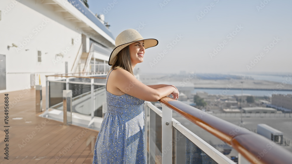 A smiling woman in a dress and hat leans on a cruise ship railing, gazing at the sea.