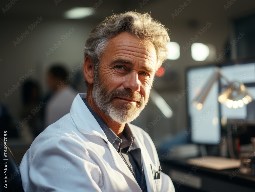 An experienced doctor shows a look of consideration amidst a busy clinic setting. Generative AI An experienced doctor shows a look of consideration amidst a busy clinic setting. Generative AI
