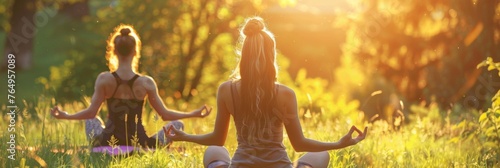 people practicing yoga in the park. health concept image. 