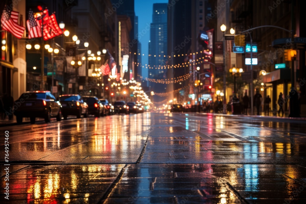 Urban night scene. street illuminated with vibrant lights and bustling city life