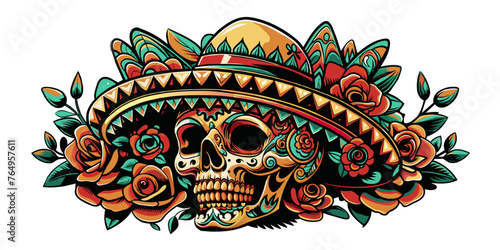 Mexican sugar skull Mexico festive for festival dia de los muertos. Retro old school dead skull for chicano tattoo. Colorful illustration of a day traditional flowers on black background
