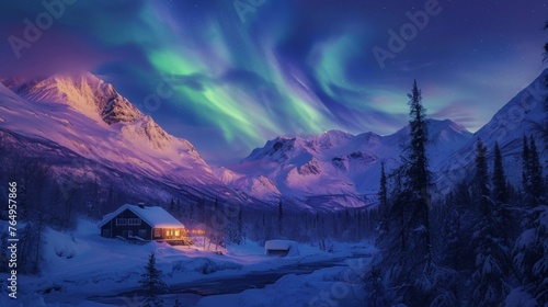 Village houses and lights with snow mountains and beautiful aurora northern lights in night sky in winter.