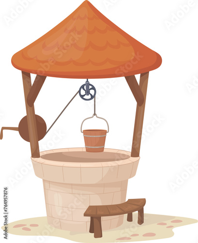 Old wishing well cartoon icon. Rustic construction