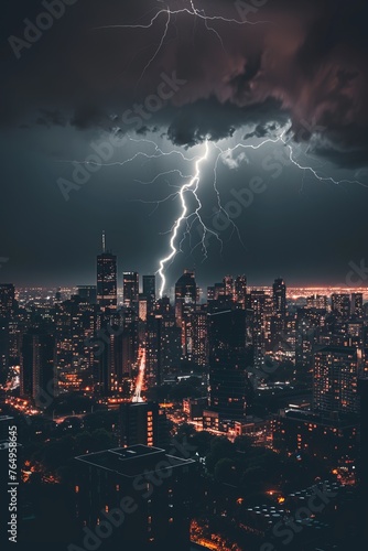 Lightning strike over the city at night, thunderstorm in the city