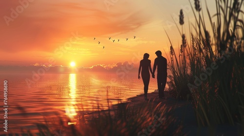 Golden Hour Love Couple Embracing by the Water at Sunset