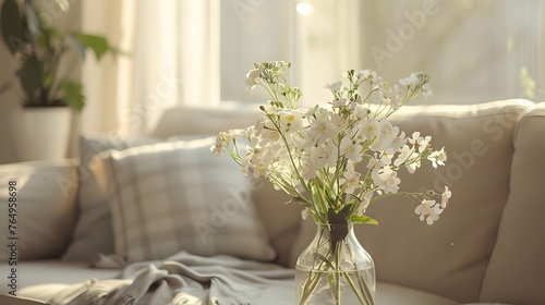 Glass vase with flowers near beige sofa  close up. French country home interior design of modern living room.