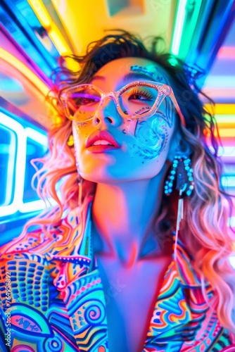 Amidst a neon-drenched backdrop, a woman's colorful attire glistens, reflecting the nightlife energy