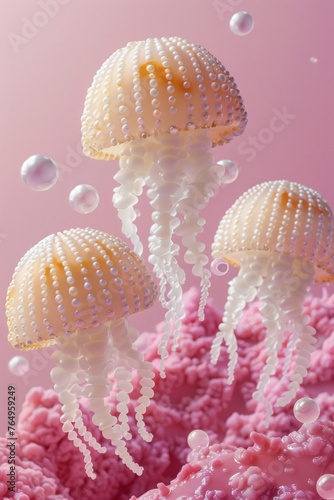 Surreal and vibrant underwater scene with jellyfish-like sculptures in tranquil floating motion photo