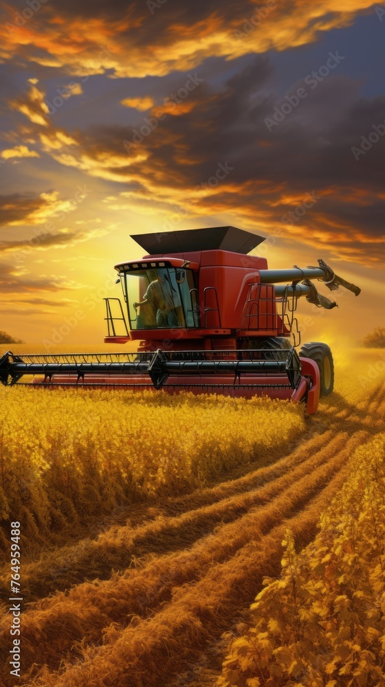 Obraz premium Combine harvester in a soybean field harvesting soybeans at sunset
