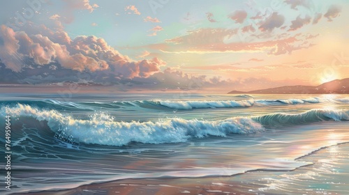 Tranquil Dawn Serene Coastal Landscape with Soft Pastel Hues and Gentle Waves