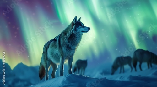 Wolves herd in wild snow field with beautiful aurora northern lights in night sky with snow forest in winter.