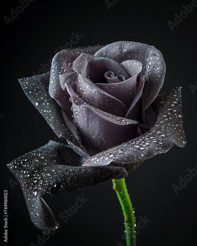 Majestic dew-kissed dark purple rose presented in a close-up shot, expressing deep emotions and beauty