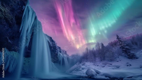 Waterfall with beautiful aurora northern lights in night sky with snow forest in winter. photo