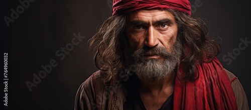 An Arab man adorned in a red turban and long hair flowing down, exuding elegance and tradition