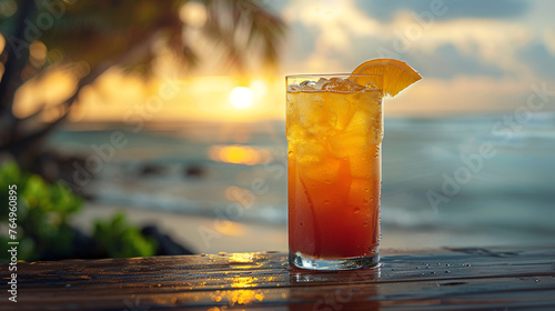 A colorful rum runner cocktail served in a hurricane glass, set against a backdrop of palm trees and sandy beaches