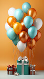 a single and big gift package with ballons, the colors of the package and the ballons must be yellow сreated with Generative Ai