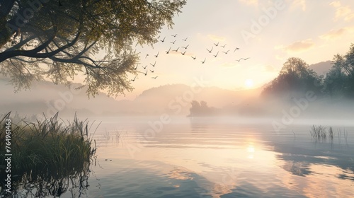 Misty Morning Magic Tranquil Lakeside Serenity with Birds in Flight