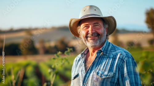 portrait of a farmer on his farm at sunset in high resolution and high quality. FARM CONCEPT,farmer,field,crop,sunset photo