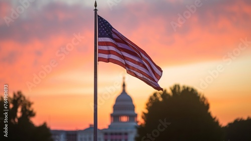 US national flag flying in air with capitol hill building in washington dc