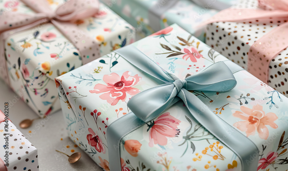 Birthday presents with colorful wrapping paper with polka dots and floral patterns in pastel colors. Birthday presents with colorful wrapping paper with polka dots and floral patterns in pastel colors.