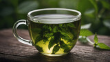 A glass cup of nettle tea.