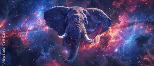 Elephant soaring among stars galaxy backdrop