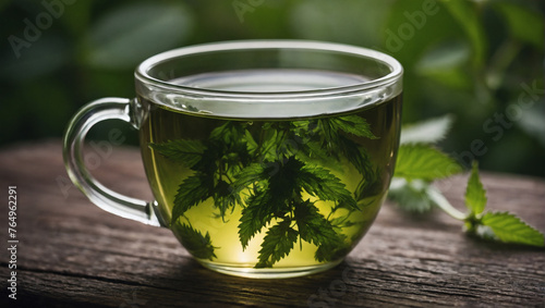 A glass cup of nettle tea.