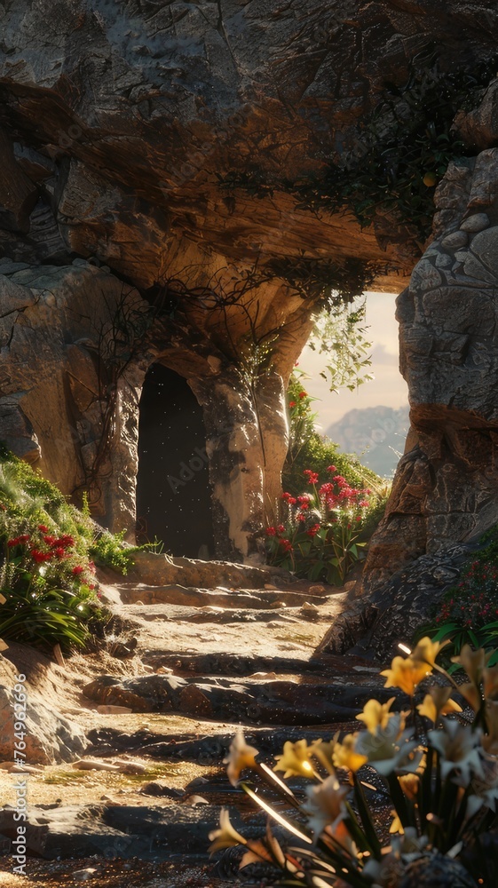 Jesus's resurrection from the tomb in photorealistic detail, focusing on the rocky interior devoid of flowers or greenery, illuminated by the soft morning light. Jesus's resurrection from the tomb in photorealistic detail, focusing on the rocky interior devoid of flowers or greenery, illuminated by the soft morning light.